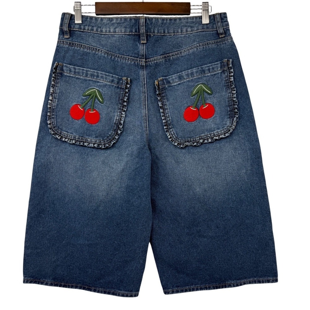 Ashley Mason Cherry Pocket Denim Shorts Women's Size 9/29 High Rise Wide Leg Y2K